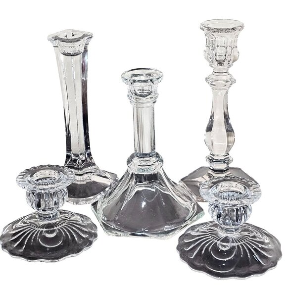 vtg assorted crystal candlesticks lot/5 taper glass holders wedding decor tables - Picture 3 of 6